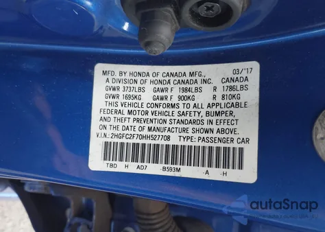 2017 Honda Civic Ex z USA, uszkodzony, nr VIN 2HGFC2F70HH527708